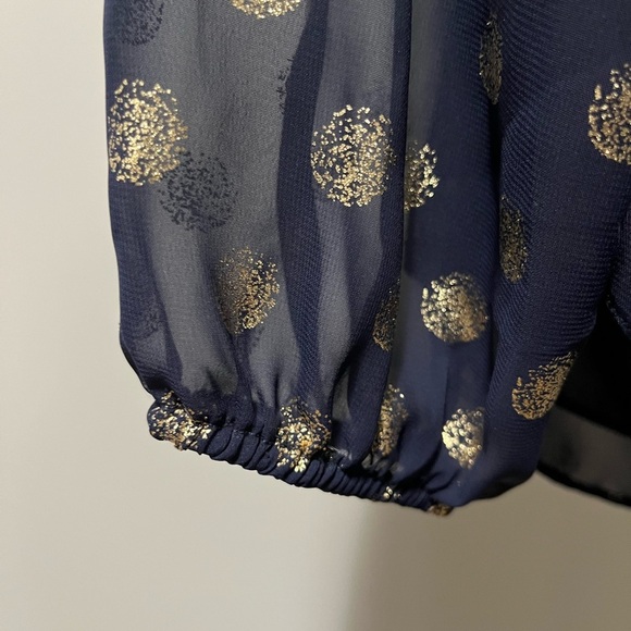 Joseph Ribkoff Midnight Blue Gold Dot Ruffle Collar Long Sleeve Top Style 181608 - Picture 8 of 10